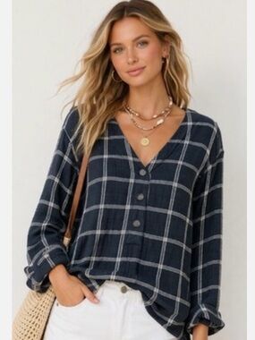 Madewell Black Plaid Button-Front Long Sleeve Top